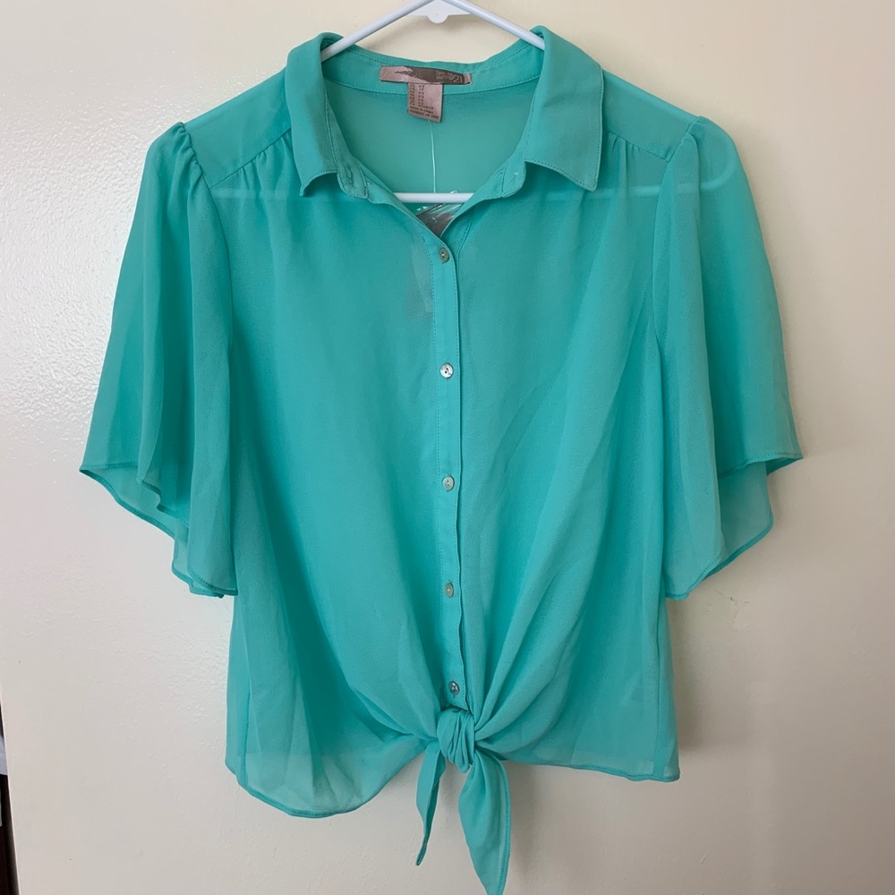 Mint green chiffon front tie button down b…